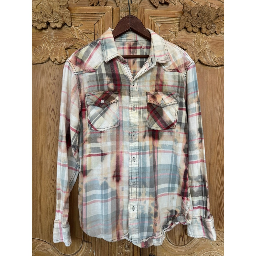 Upcycled Beachy Flannel‎ Shell Art Shirt Cotton Soft Medium Large - Picture 4 of 7